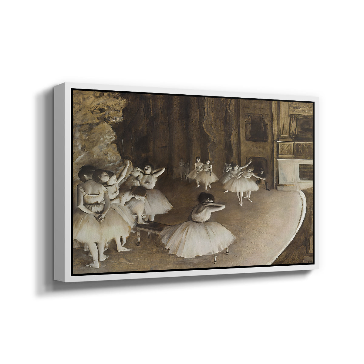 Angled view of The Rehearsal of the Ballet Onstage, 1874 by Edgar Degas in a white floater framed canvas.