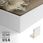 Close-up of the white floater frame corner and gallery wrapped canvas construction.