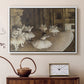 White floater framed canvas featuring an impressionist depiction of ballet practice on theater stage, displayed above a cabinet in a soft-toned living room.