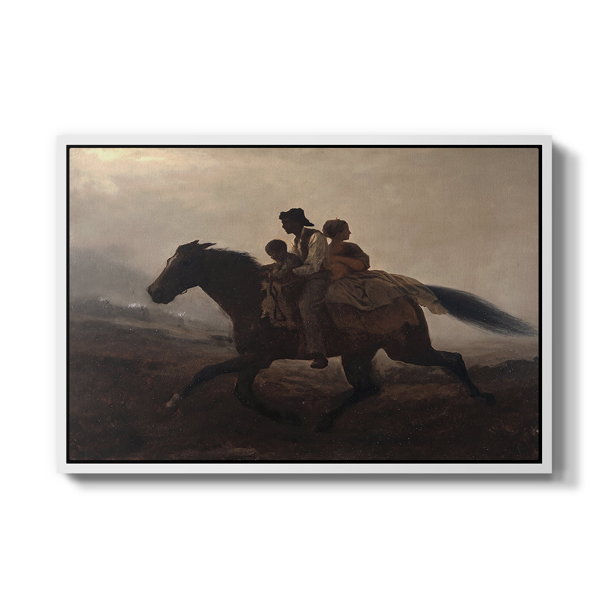 A Ride for Liberty – The Fugitive Slaves, c. 1862 by Eastman Johnson in a white floater framed canvas wall art display.