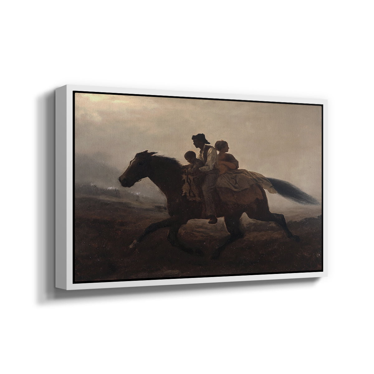 Angled view of A Ride for Liberty – The Fugitive Slaves, c. 1862 by Eastman Johnson in a white floater framed canvas.