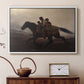 White floater framed canvas featuring a narrative painting of escape and urgency across rugged terrain, displayed above a cabinet in a soft-toned living room.