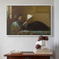 White floater framed canvas featuring Interesting News, 1872 by Eastman Johnson above an entryway table in a minimalist foyer.
