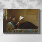 Front view of Interesting News, 1872 by Eastman Johnson in a white floater framed canvas.