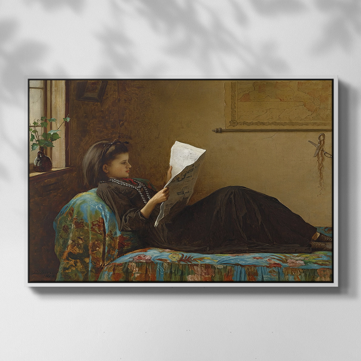 Front view of Interesting News, 1872 by Eastman Johnson in a white floater framed canvas.