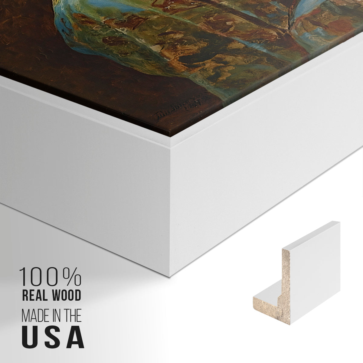 Close-up of the white floater frame corner and gallery wrapped canvas construction.