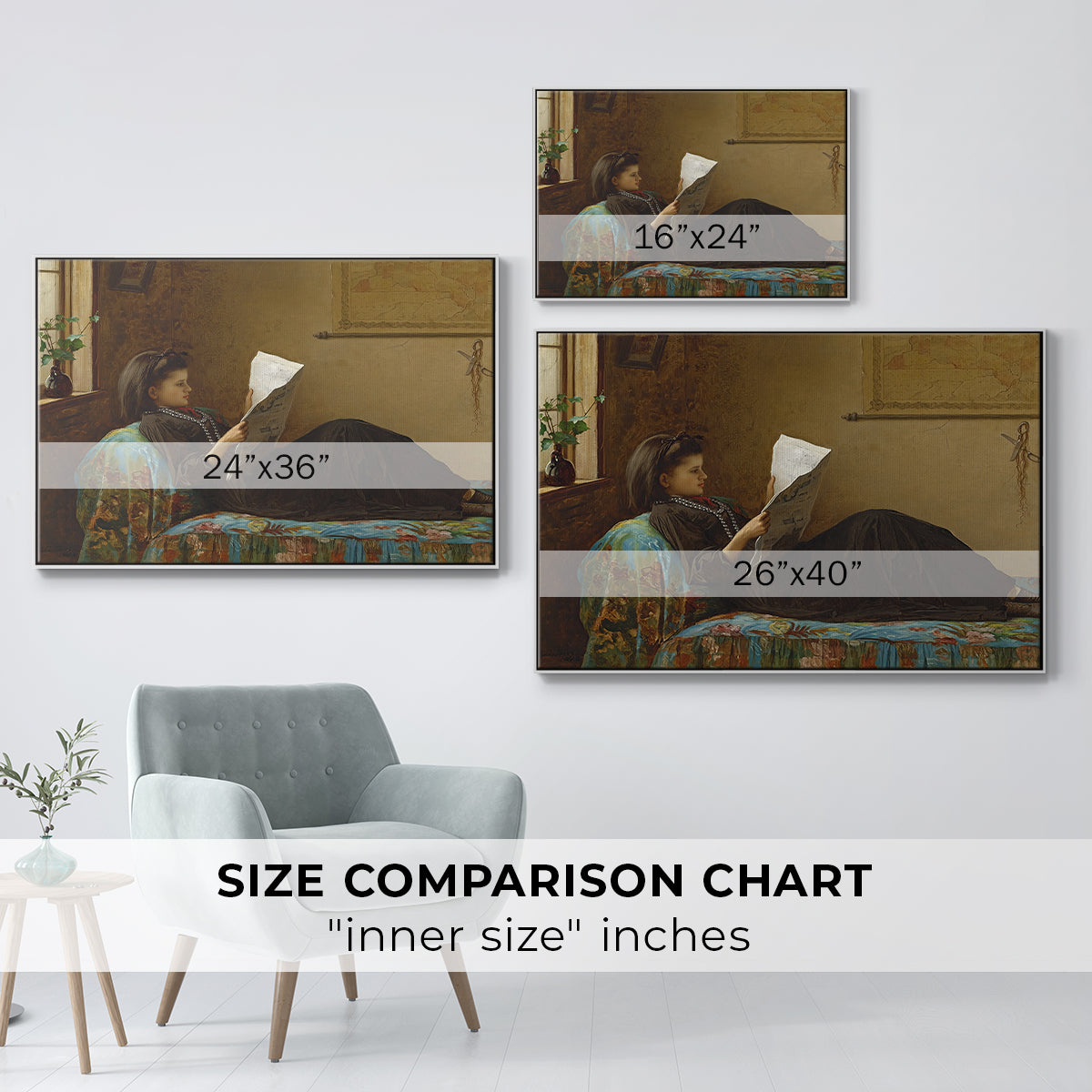 Size comparison chart for white floater framed canvas featuring Interesting News, 1872 by Eastman Johnson.