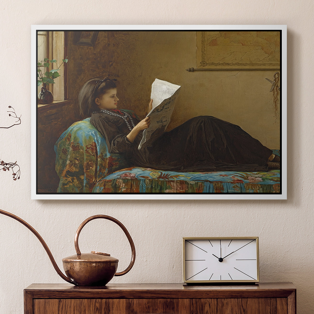 White floater framed canvas featuring an Americana interior with people focused on printed page, displayed above a cabinet in a soft-toned living room.