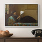 Interesting News, 1872 by Eastman Johnson in a white floater framed canvas displayed above a console table in a hallway, featuring a casual gathering around newspaper in rustic room.