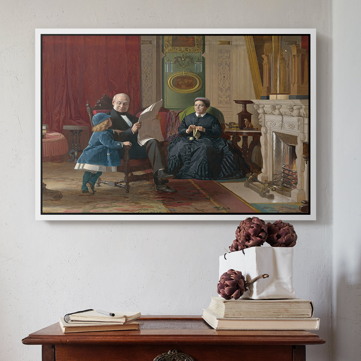 White floater framed canvas featuring The Brown Family, 1869 by Eastman Johnson above an entryway table in a minimalist foyer.