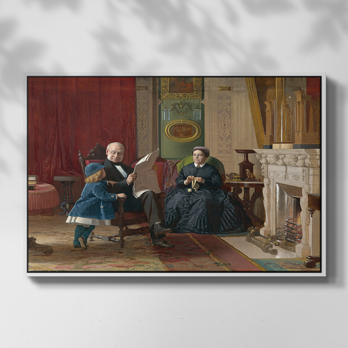 Front view of The Brown Family, 1869 by Eastman Johnson in a white floater framed canvas.