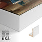 Close-up of the white floater frame corner and gallery wrapped canvas construction.
