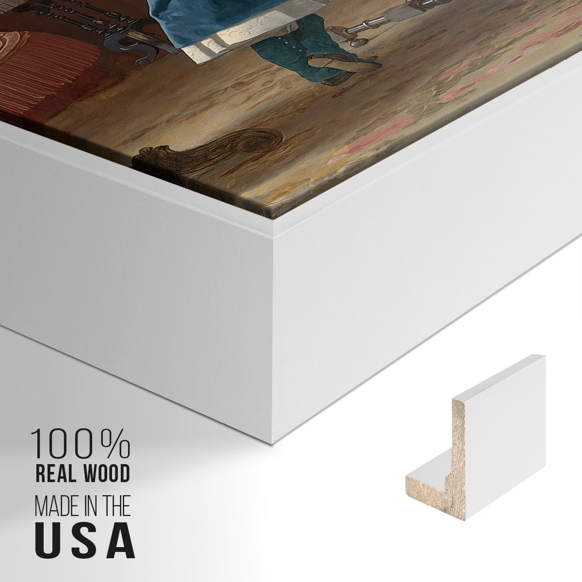 Close-up of the white floater frame corner and gallery wrapped canvas construction.