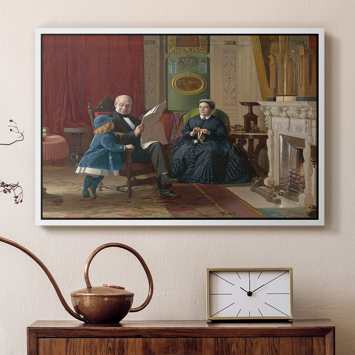 White floater framed canvas featuring an Americana scene with figures sitting and interacting indoors, displayed above a cabinet in a soft-toned living room.