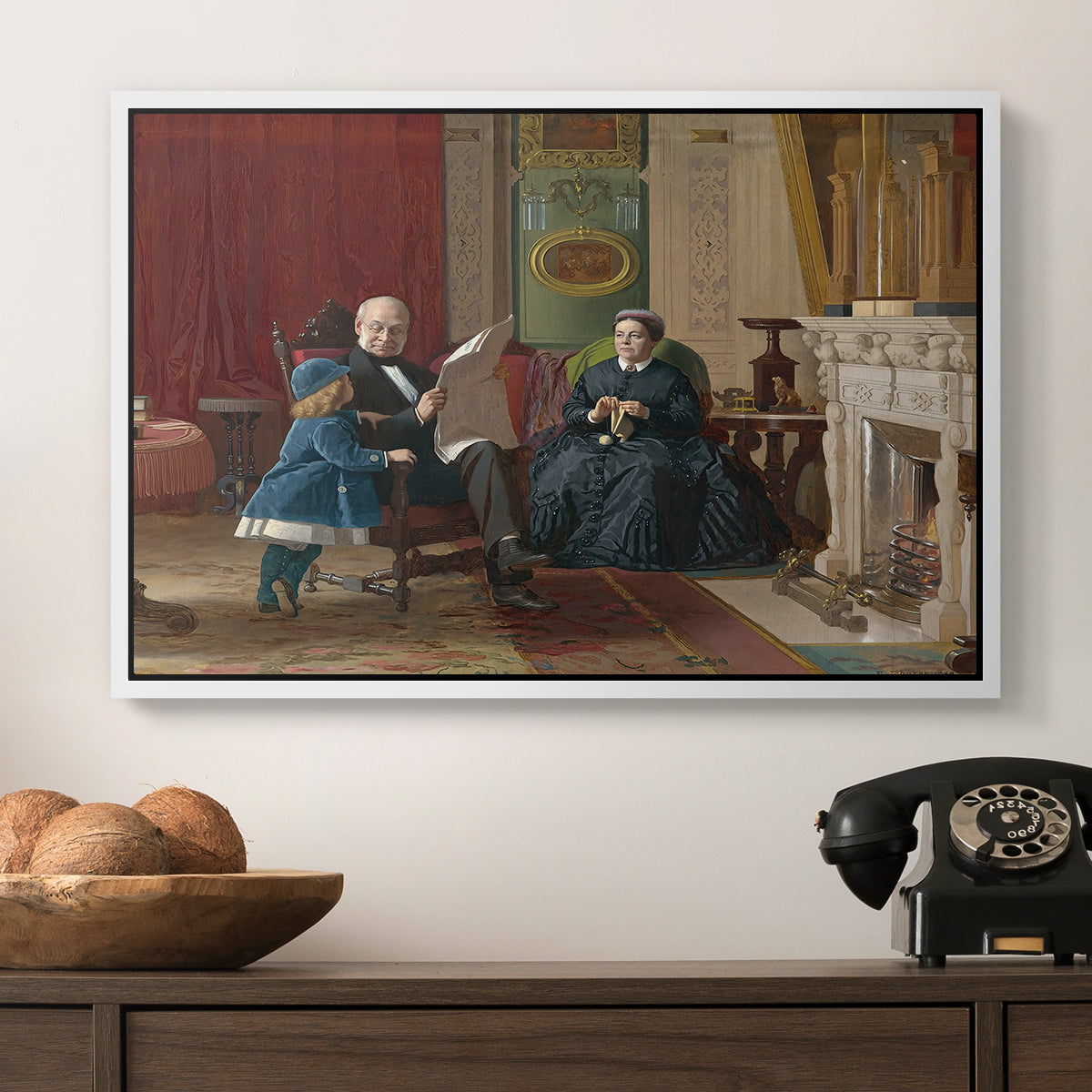 The Brown Family, 1869 by Eastman Johnson in a white floater framed canvas displayed above a console table in a hallway, featuring a family group portrait with warm interior tones.