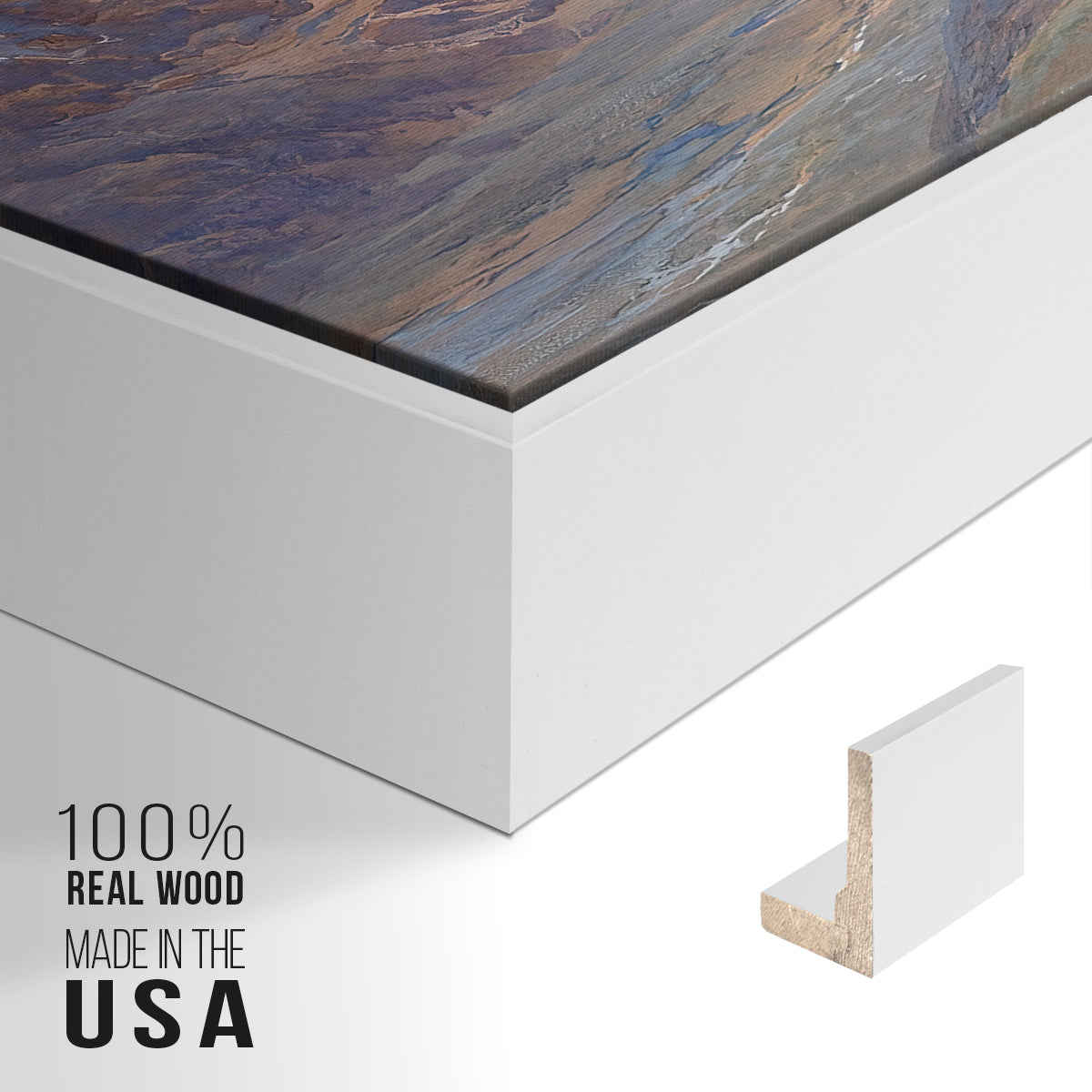 Close-up of the white floater frame corner and gallery wrapped canvas construction.