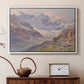 White floater framed canvas featuring a realistic depiction of high-altitude snowy peaks, displayed above a cabinet in a soft-toned living room.