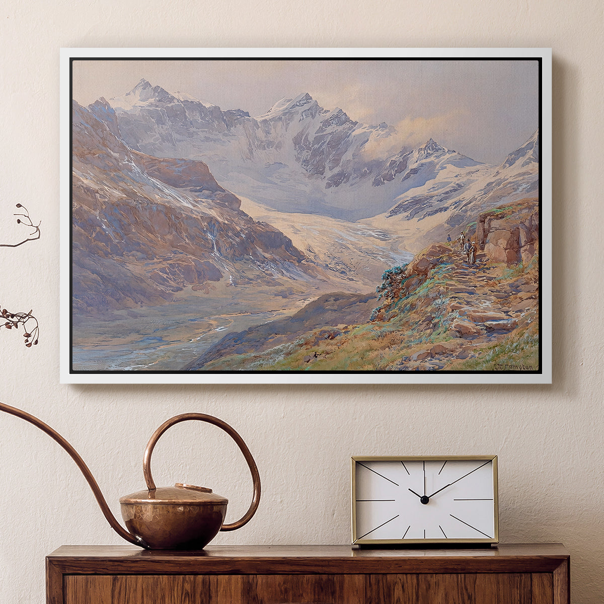White floater framed canvas featuring a realistic depiction of high-altitude snowy peaks, displayed above a cabinet in a soft-toned living room.
