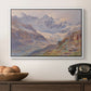 Odenwinklkees with the Johannisberg, 1902 by Edward Theodore Compton in a white floater framed canvas displayed above a console table in a hallway, featuring an expansive alpine view with ice and distant mountains.