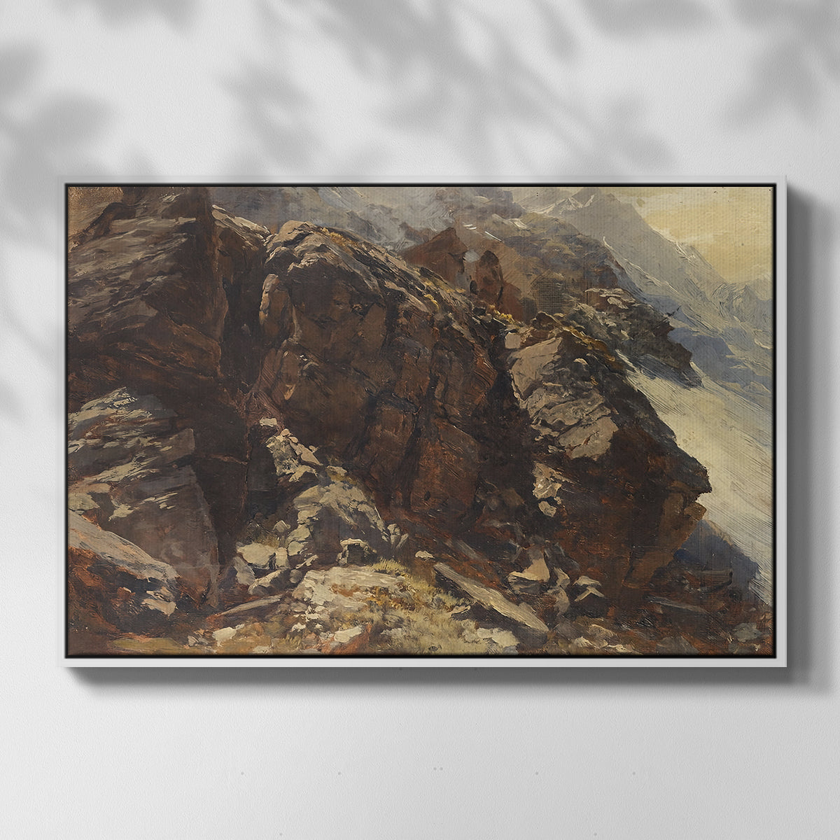 Front view of High Mountain Study, c. 1870 by Edward Theodore Compton in a white floater framed canvas.