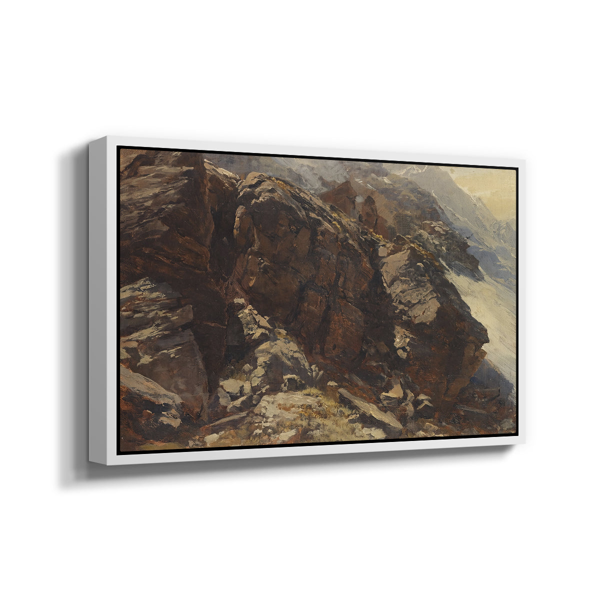 Angled view of High Mountain Study, c. 1870 by Edward Theodore Compton in a white floater framed canvas.