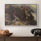 High Mountain Study, c. 1870 by Edward Theodore Compton in a white floater framed canvas displayed above a console table in a hallway, featuring a realistic depiction of mountainous terrain under open sky.