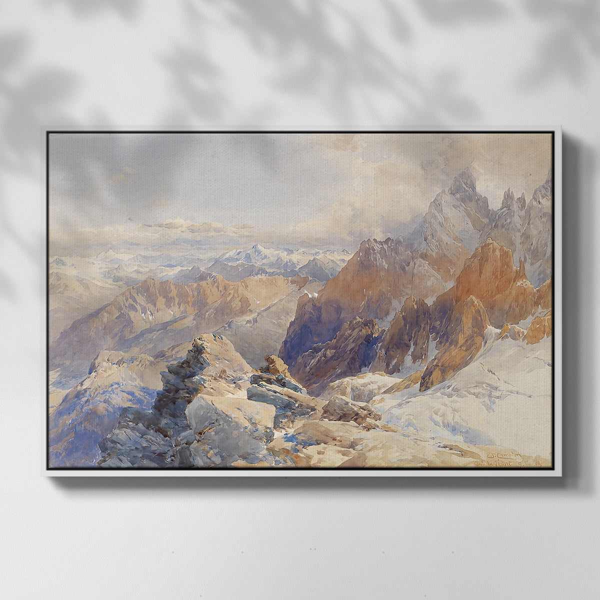 Front view of Col du Géant, 1903 by Edward Theodore Compton in a white floater framed canvas.