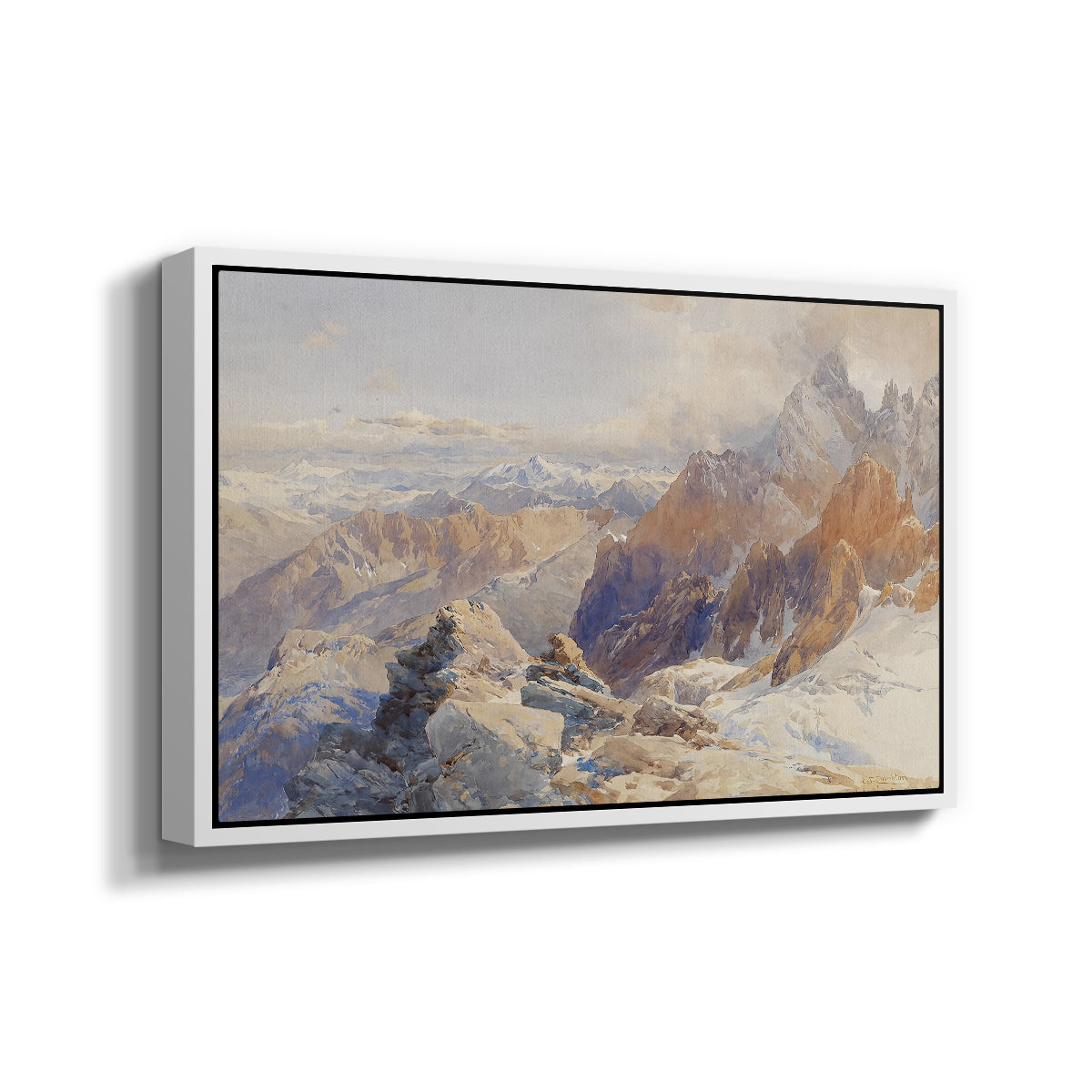Angled view of Col du Géant, 1903 by Edward Theodore Compton in a white floater framed canvas.