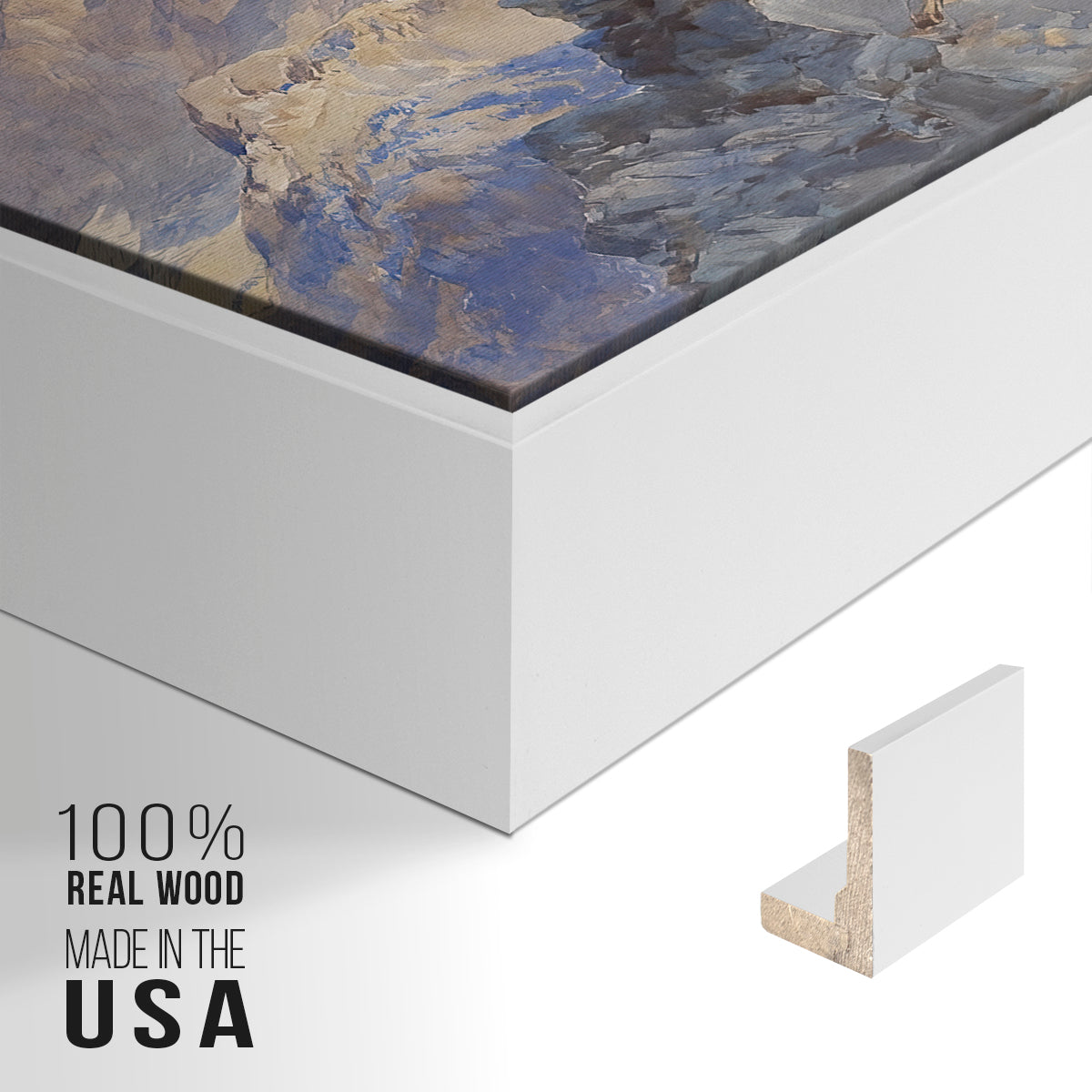 Close-up of the white floater frame corner and gallery wrapped canvas construction.