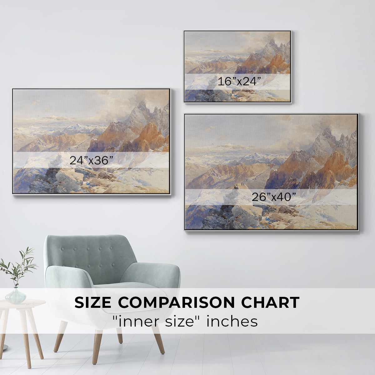 Size comparison chart for white floater framed canvas featuring Col du Géant, 1903 by Edward Theodore Compton.