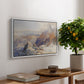 Col du Géant, 1903 by Edward Theodore Compton, presented in a white floater framed canvas featuring a mountain pass with snow-covered peaks and expansive alpine valley, displayed above a hallway console table.