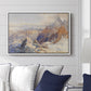 Col du Géant, 1903 by Edward Theodore Compton displayed above a sofa in a living room in a white floater frame, featuring a high mountain landscape featuring dramatic ridges and glacier terrain.