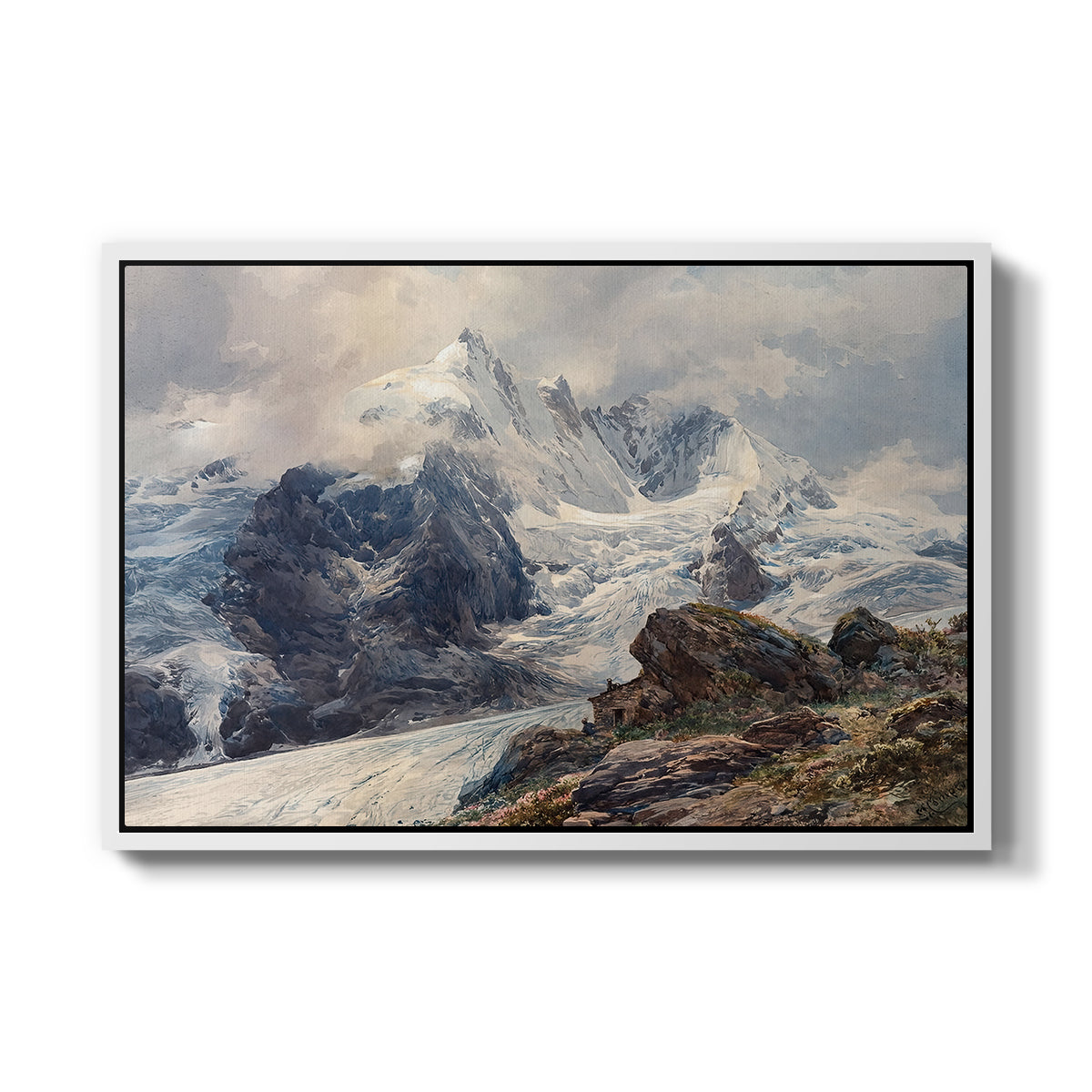 The Grossglockner, 1880 by Edward Theodore Compton in a white floater framed canvas wall art display.
