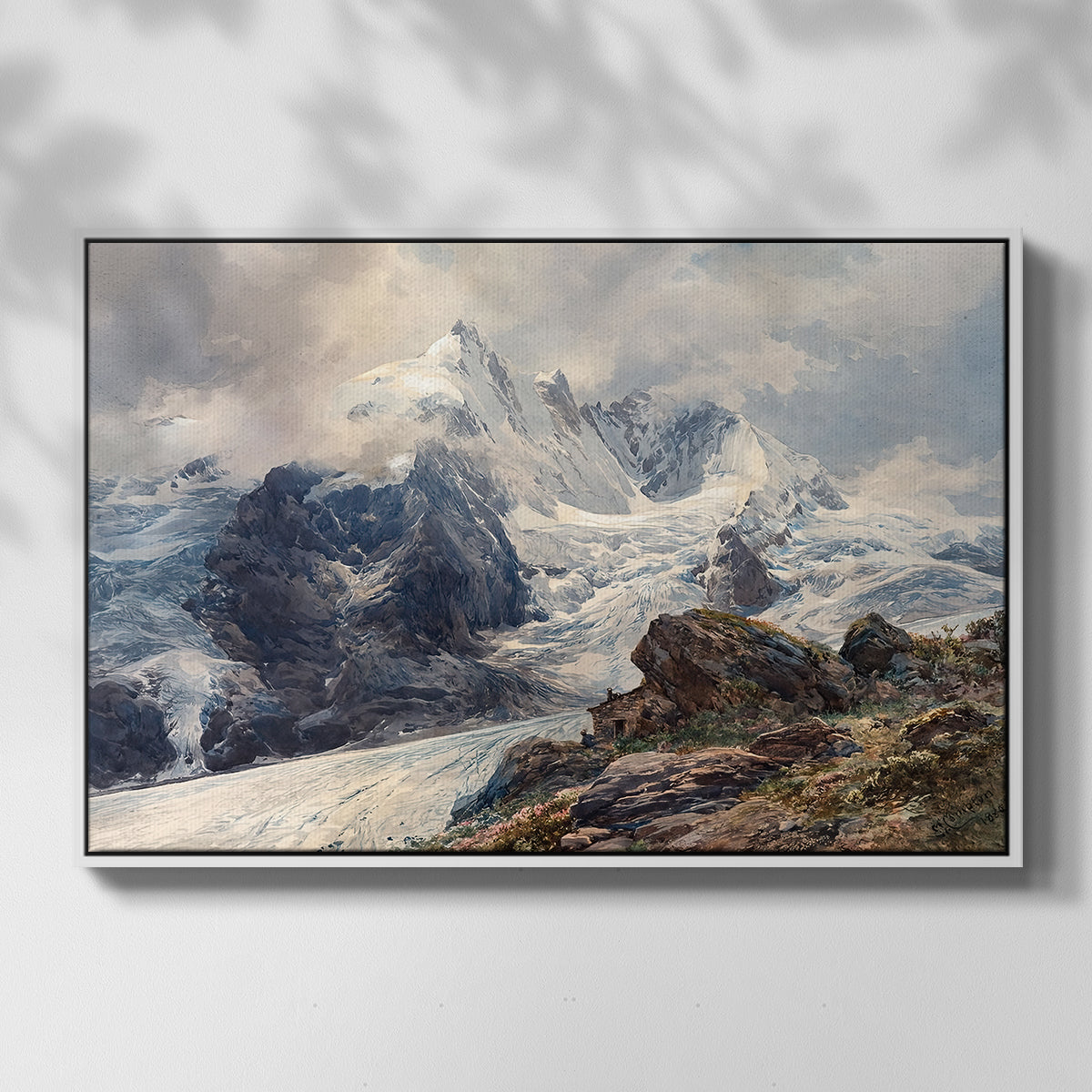 Front view of The Grossglockner, 1880 by Edward Theodore Compton in a white floater framed canvas.