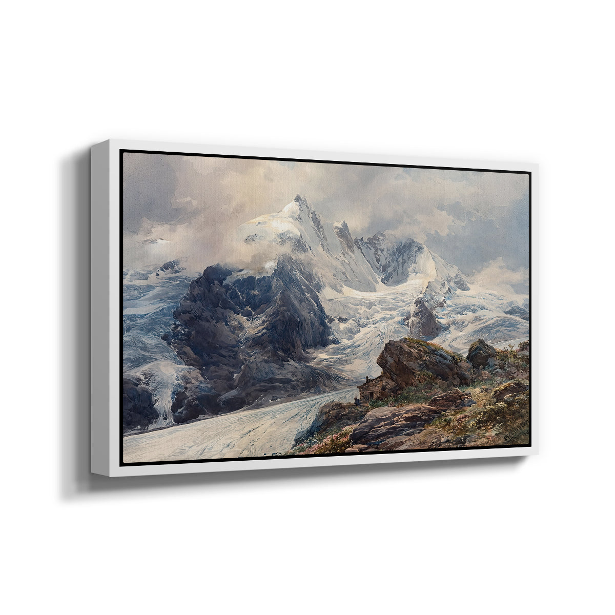 Angled view of The Grossglockner, 1880 by Edward Theodore Compton in a white floater framed canvas.