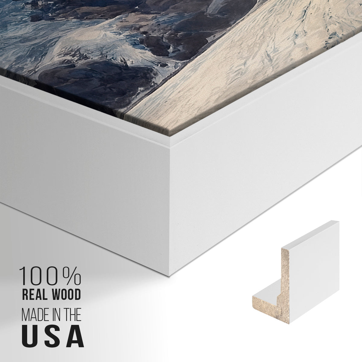 Close-up of the white floater frame corner and gallery wrapped canvas construction.