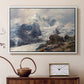 White floater framed canvas featuring a realistic landscape of high mountain under open sky, displayed above a cabinet in a soft-toned living room.