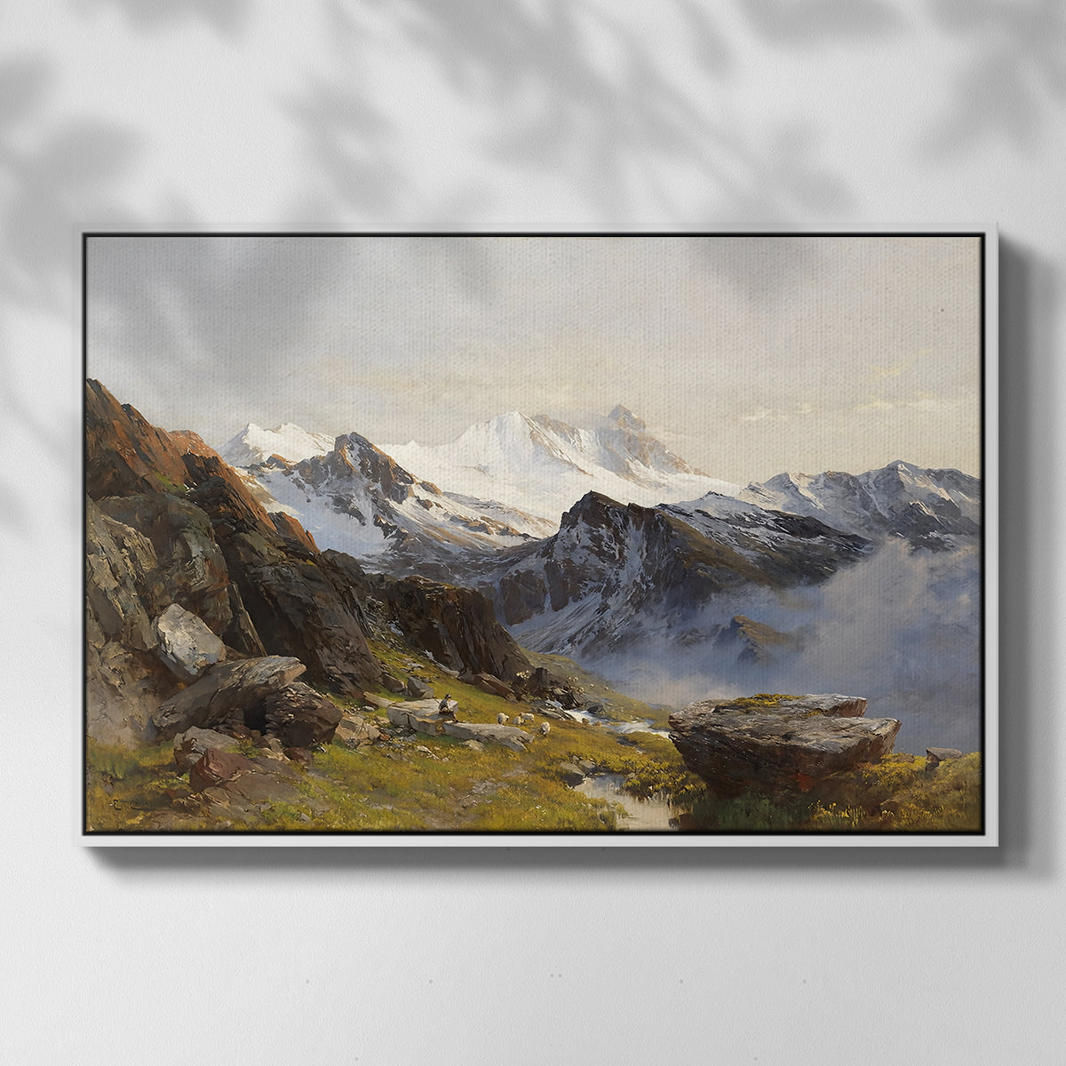 Front view of The Großglockner from the Prager Hut, 1890 by Edward Theodore Compton in a white floater framed canvas.