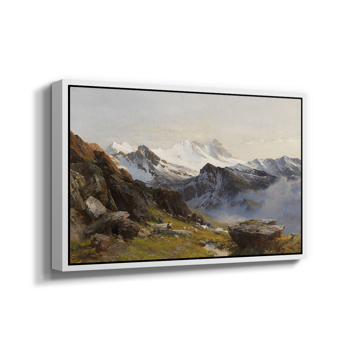 Angled view of The Großglockner from the Prager Hut, 1890 by Edward Theodore Compton in a white floater framed canvas.