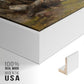 Close-up of the white floater frame corner and gallery wrapped canvas construction.