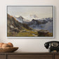 The Großglockner from the Prager Hut, 1890 by Edward Theodore Compton in a white floater framed canvas displayed above a console table in a hallway, featuring a scenic mountain view with dramatic elevation and depth.