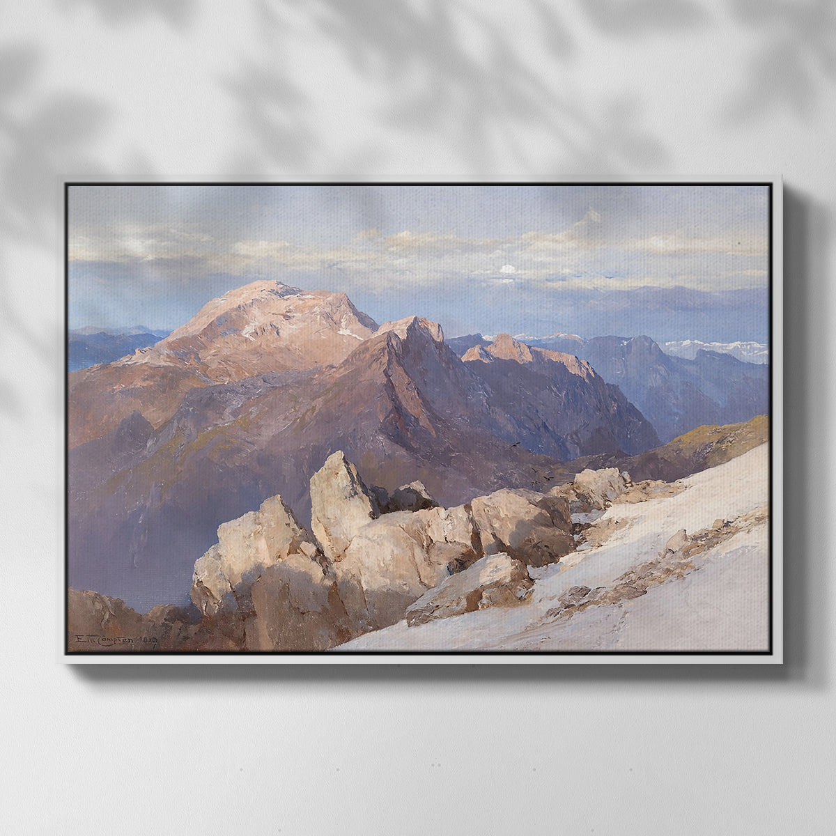 Front view of Hoher Göll from Watzmann-Hocheck, 1919 by Edward Theodore Compton in a white floater framed canvas.