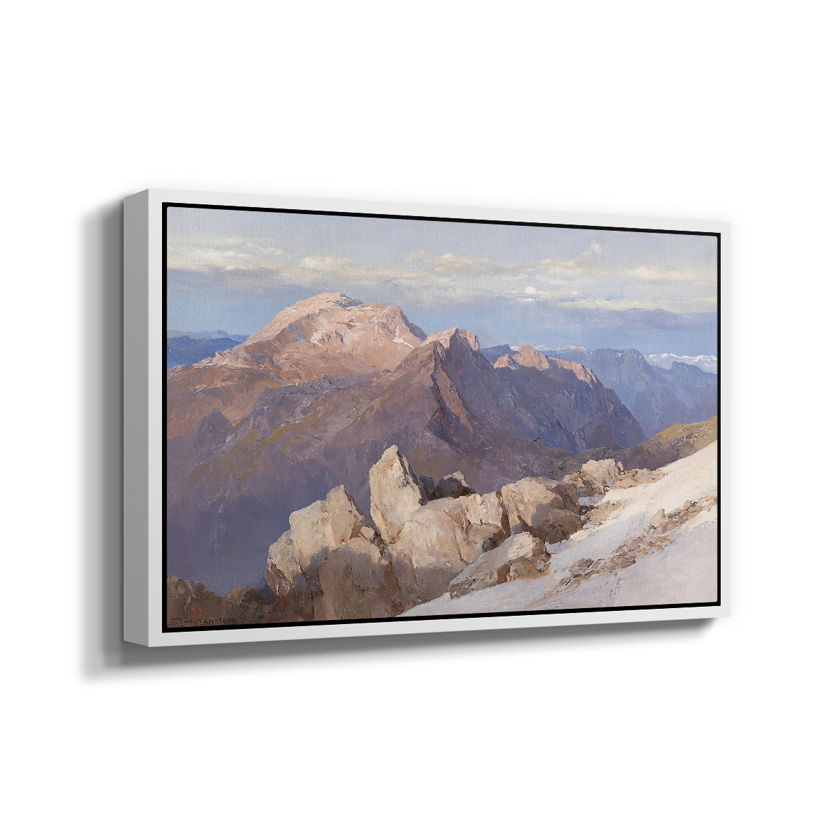 Angled view of Hoher Göll from Watzmann-Hocheck, 1919 by Edward Theodore Compton in a white floater framed canvas.