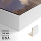 Close-up of the white floater frame corner and gallery wrapped canvas construction.
