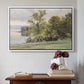 White floater framed canvas featuring Landscape at Lake Starnberg, 1890 by Edward Theodore Compton above an entryway table in a minimalist foyer.