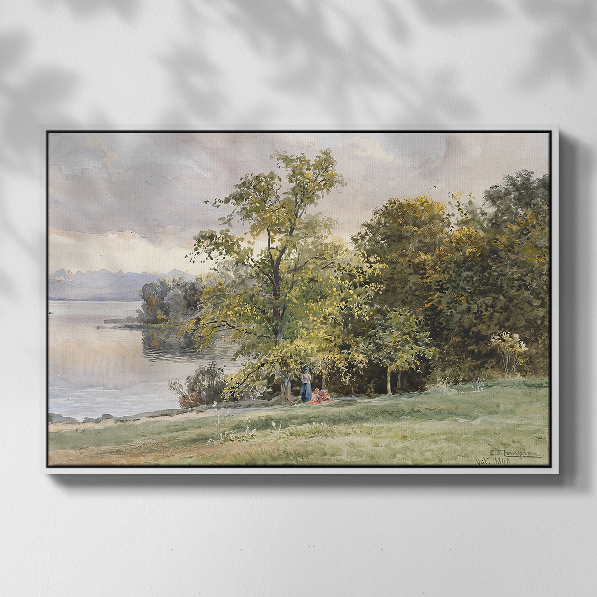 Front view of Landscape at Lake Starnberg, 1890 by Edward Theodore Compton in a white floater framed canvas.