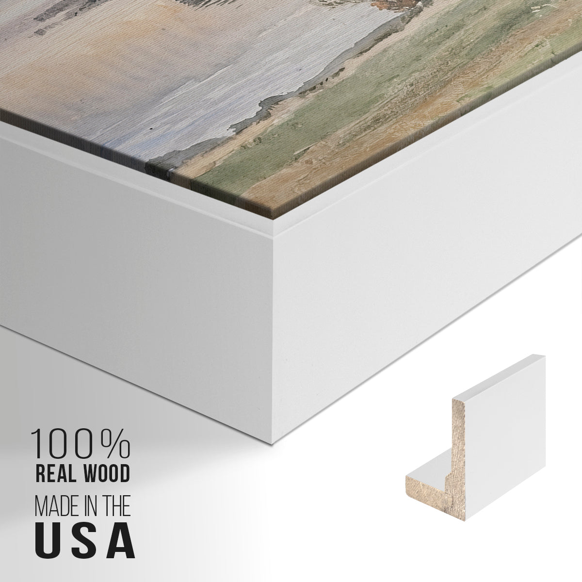 Close-up of the white floater frame corner and gallery wrapped canvas construction.