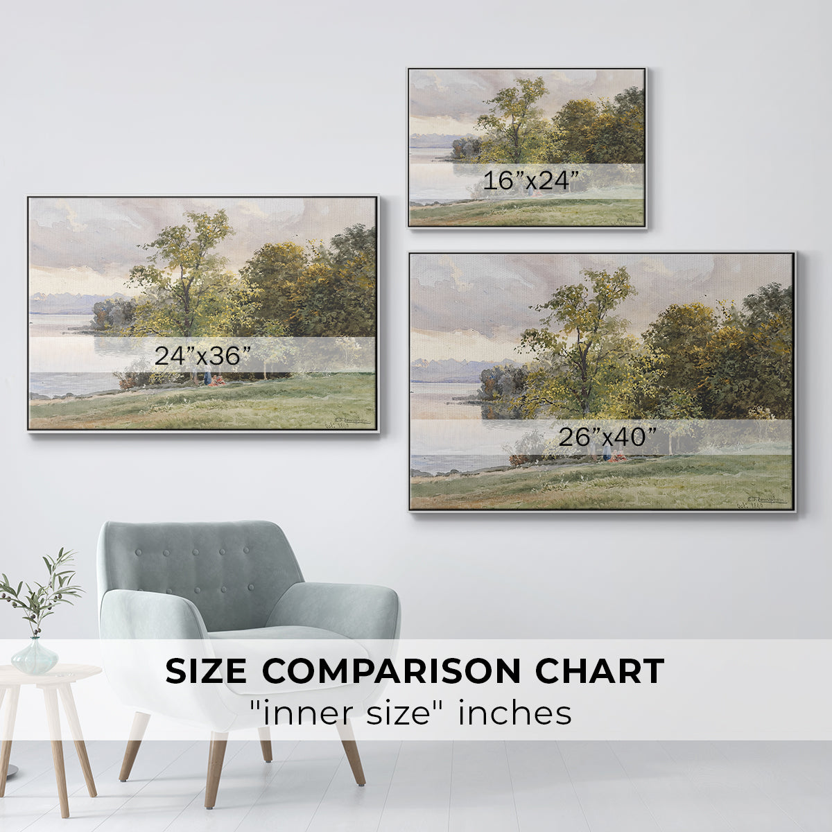 Size comparison chart for white floater framed canvas featuring Landscape at Lake Starnberg, 1890 by Edward Theodore Compton.