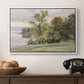 Landscape at Lake Starnberg, 1890 by Edward Theodore Compton in a white floater framed canvas displayed above a console table in a hallway, featuring a tranquil lakeside view with soft atmospheric tones.