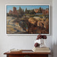 White floater framed canvas featuring Palatine in Rome, c. 1921 by Edward Theodore Compton above an entryway table in a minimalist foyer.